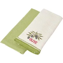 Homescapes Geschirrtücher Olive, 2er-Set Waffelpiqué 100% Baumwolle