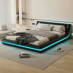 Merax 140*200cm Polsterbetten, Flachbett, Bodenbett, PU, LED-Umgebungslicht, 24-Tasten-Fernbedienung, Schwarz