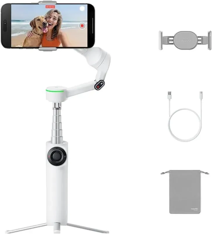 Insta360 Flow 2 Pro Bundle Ice White - Faltbarer AI-Smartphone-Gimbal, Tracking in über 200 Apps mit Apple DockKit, 360o Schwenk-Tracking, integriertes Stativ/Selfie-Stick, Fernbedienung, Spotlight