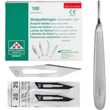 Set - 100 Stück sterile Skalpellklingen Figur 25 aus Karbonstahl - Ersatzklingen + 1 x Shehadeh - Skalpell-Halter mit 13,5 cm langem und bauchigen Griff - Edelstahl