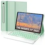 IVEOPPE Tastatur für Samsung Galaxy Tab S9 FE 10.9"/S9 11", Hülle mit Tastatur für Samsung Tab S9/S9FE 2023, Bluetooth Magnetisch 7-Farbige Beleuchtung QWERTZ Touchpad Tastatur Galaxy S9 Tablet, Grün