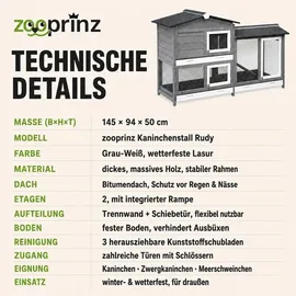 zooprinz Kleintierstall Rudy mit Auslauf 145 x 50 x 94 cm Grau