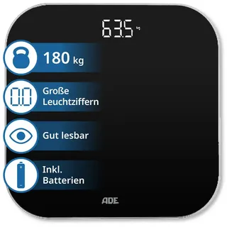 ADE Digitale Personenwaage mit klarer LED-Anzeige | präzise Körperwaage | Wiegefläche aus Sicherheitsglas | bis 180 kg | schwarz | inkl. Batterien