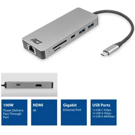 Act USB-C 4K-Dockingstation für 1 HDMI-Monitor, Ethernet, USB-C, USB-A, Kartenleser und PD-Pass-Through