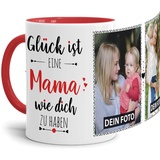 Tassendruck Fototasse mit Spruch für Mama - Glück ist, jemanden wie Dich zu haben - zum Selbst gestalten mit 2 Fotos, Innen & Henkel Rot, 300 ml