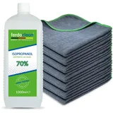 ferdoclean® 1000ml Isopropanol 70% + 12 x Mikrofasertücher (40 x 40 cm) 380 GSM | Lösungsmittel 1l IPA Alkohol Reiniger für Haushalt, Auto & mehr | Fettentferner Reinigungsmittel | Microfasertuch