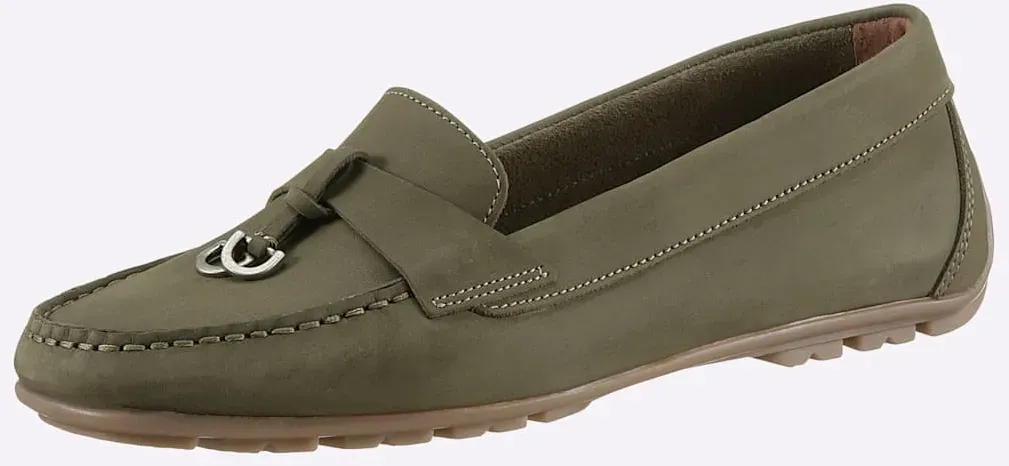Mokassin HEINE, Damen, Gr. 37, grün (khaki), Leder, Nubukleder, Rindsleder, Schuhe Mokassin