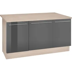 Kücheninsel OPTIFIT "Bern", grau (front: grau hochglanz, korpus: akaziefarben, arbeitsplatte: akaziefarben), B:160cm, Komplettküchen-Sets, mit durchgehender Arbeitsplatte als Theke, Breite 160 cm