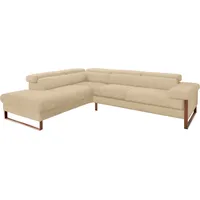 Ecksofa W.SCHILLIG "finn" Sofas Gr. B/H/T: 281cm x 71cm x 230cm, Stoff S37, Ottomane links, mit Kopfteilverstellung-ohne Sitztiefenverstellung, beige (sahara s37) German Design Award 2016, Fußgestell Nussbaum natur, Breite 281 cm