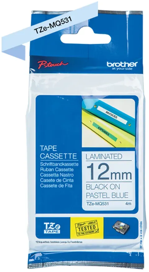 Brother TZe-MQ531 P-touch Pastell-Schriftband (laminiert) 12mm breit schwarz auf pastell-blau