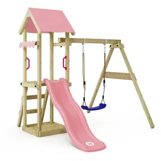 Wickey Spielturm Klettergerüst TinyWave mit Schaukel & Rutsche, Kletterturm mit Sandkasten, Leiter & Spiel-Zubehör – Pastellpink