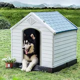 COSTWAY Hundehütte, Hundehaus aus Kunststoff, Hundehöhle mit Erhöhtem Boden & Wasserfestem Dach, Haustierhütte Hundehöhle, für Garten Drinnen Draußen, Blau+Weiß (70x65x71,5cm)