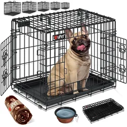 LOVPET® Hundekäfig klappbar Hundetransportkäfig Inkl. Fleecedecke + Napf Hundebox mit 2 Türen Transportkäfig Auto, Tiertransportbox Hundetransportbox mit Bodenschale