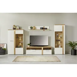 Forte Tuluza Vitrine, Eiche Weiß Hochglanz, Metall, 4 Fächer, 66.5x196x43.2 cm, Made in EU, Beimöbel erhältlich, stehend, Beleuchtung, Wohnzimmer, Wohnwände, Vitrinenschränke