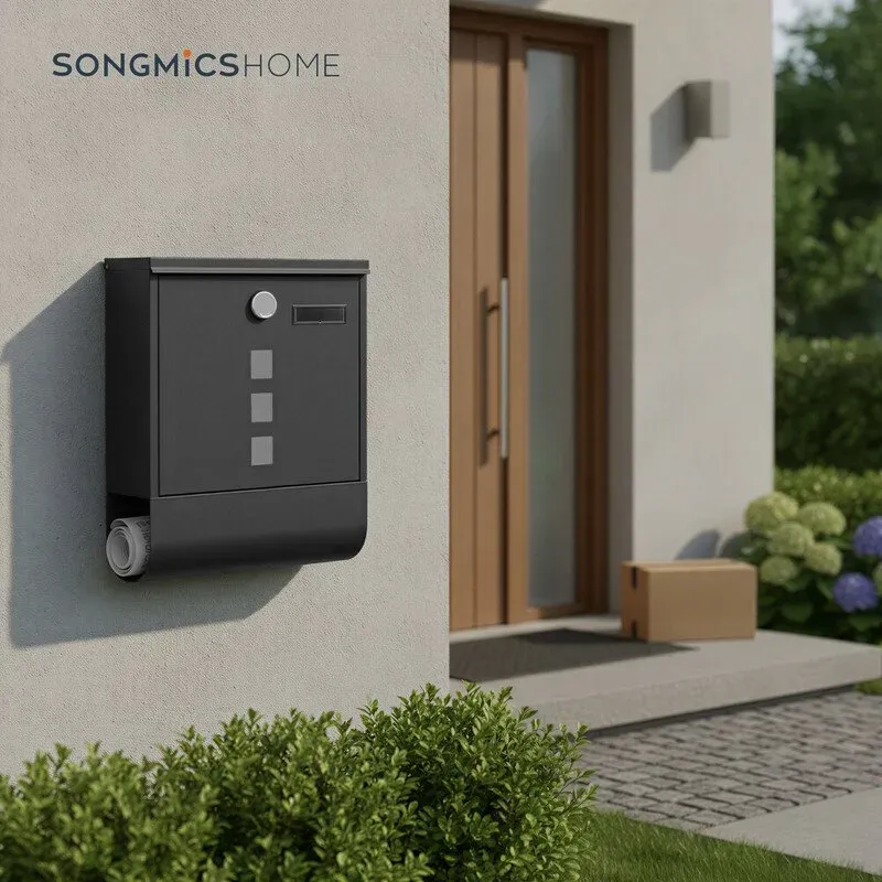 Ochama x SONGMICS Briefkasten, Postkasten, Schloss mit Kupfer-Schließzylinder und drehbarer Abdeckung, Sichtfenster, Namensschild, Zeitungsfach, schwarz