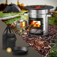 BBQ#BOSS Raketenofen mit Grillpfanne & Tragetasche, Silber, Campingkocher Holz mit Brennholzständer, Doppeltür, Camping BBQ Holzofen zum Kochen, Outdoor-Küche, Raketenherd für Dutch Oven, Campinggrill