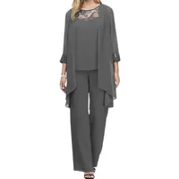 JIAALU Hosenanzug Damen 3-Teiliges Chiffon Shirt Tüll Abendanzug Sets Elegant Vintage 3-Teiliges Set Outfit Hohe Taille Hosenanzug Cocktail Party Festlich Hosenanzug - L