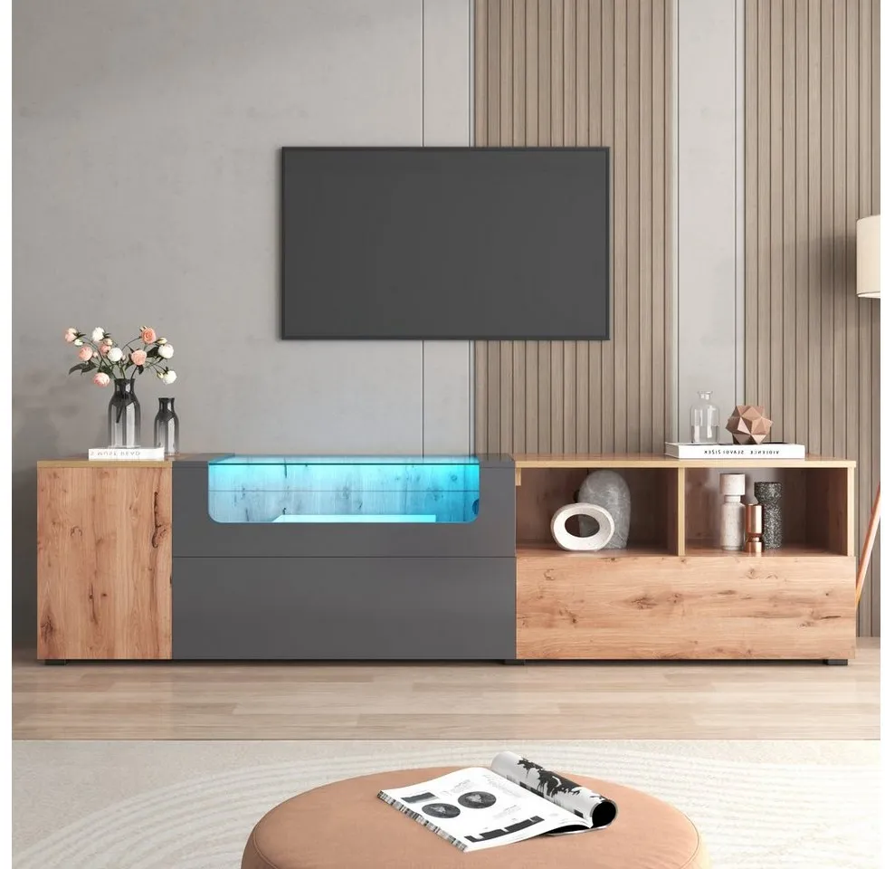 Merax Lowboard mit LED-Beleuchtung, TV-Schrank, mit Glasplatte, Fernsehtisch im Landhausstil, B: 190cm grau