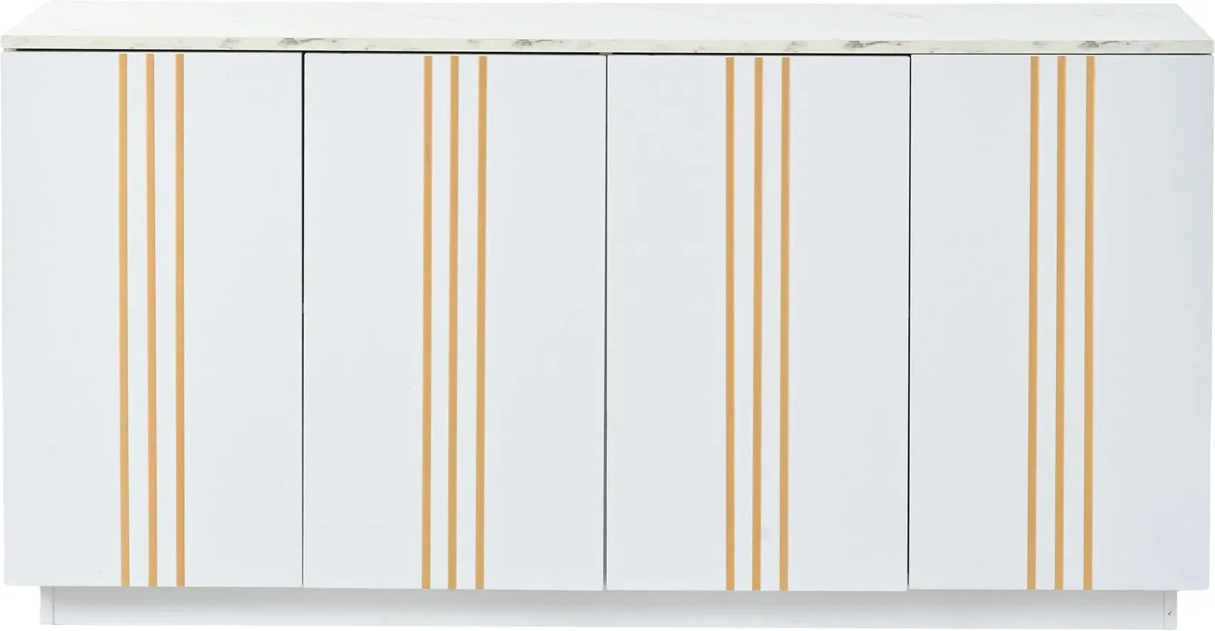 Wohnzimmer-Sideboard mit 4 Türen, elegante goldfarbene Zierleisten, freistehend, 35x140x70 cm, Weiß