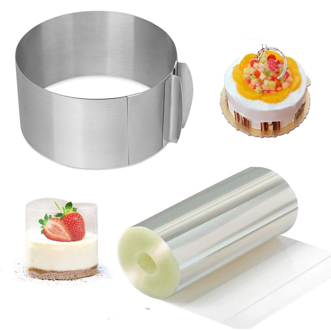 EGEN Adjustable Cake Ring and Transparent Cake Collar, Heavy Duty 16-30cm Round Cake Mold Mouse Ring and 15cmx10m Acetate Roll (Cake Ring+Cake Collar(15cm))