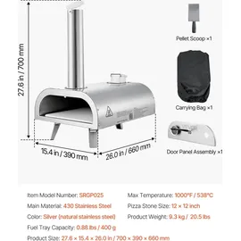 Vevor Pizzaofen Outdoor 12 Zoll Pellet-Pizzaofen, tragbarer Pizzaofen mit eingebautem Thermometer & holzbefeuerter & Pizzastein & Schaufel & Tragetasche Pizzamaker aus Edelstahl, für Garten Camping