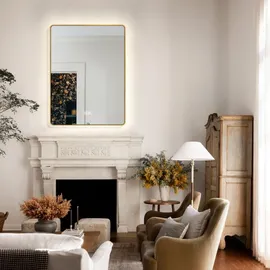PonteSino HOKO Badspiegel Antibeschlag LED 50x70cm mit Rahmen HOCH+QUER Montage Touch Schalter+Licht Wechsel Warmweiß-Kaltweiß-Neutral Wandschalter einscha... / Gold