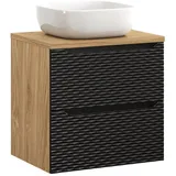 Lomadox Waschtisch OLUO-56-BLACK, 60cm mit Aufsatzwaschbecken, Eiche mit schwarz, 3D-Oberfläche schwarz