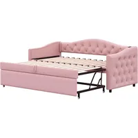 xixiworkshop Polsterbett Ausziehbares Schlafsofa, 90*200cm, USB-Anschluss, Klassische Form mit Knöpfen&Lattenrost, Multifunktionsbett - Gästebett, Leinenstoff, Beige (Matratze nicht enthalten) (Rosa)