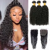 Echthaar-Bündel Curly Human Hair Bundles with Closure Kinky Curly Weave Bundles Human Hair Unprocessed Brazilian Human Hair 3 Bundles Human Hair with 4x4 Closure 20 22 24+18 inch Menschenhaarbündel