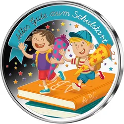 Die doppelseitig farbveredelte Gedenkprägung „Einschulung“!