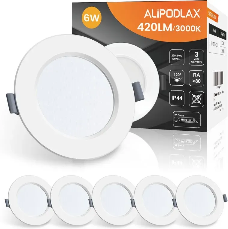 LED einbauspot, ultraflach, 6 W, 230 V, IP44, warmweiß, 3000 K, einbauleuchten, einbauhöhe 25,5 mm, schlanker decken-einbauspot für badezimmer, wohnzimmer, set mit 6 [energieeffizienzklasse F]