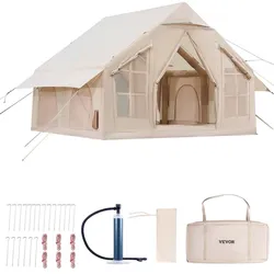 VEVOR Aufblasbare Zelte für Camping 3x3x2,3 m, 4-6 Personen, 300D Oxford 4-Jahreszeiten-Glamping-Zelt mit Handpumpe, Ofenanschluss, 2 Türen & 4 Netzfenstern, inkl. Aufbewahrungstasche für Transport