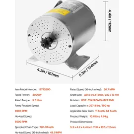 Vevor 3000 W elektrischer bürstenloser Gleichstrommotor, Elektromotor, 72 V, 4900 U/min, Go-Kart-Elektromotor, elektrischer Dirtbike-Motor für E-Bike, Motorrad, Roller, Heimwerker