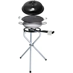 Multifunktionale Außenküche mit Aufsätzen: Grillplatte, Paella Pfanne, Back- und Warmhaltehaube, 2-Ring-Brenner, leicht aufzubauen, höhenverstellbar