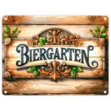 speecheese Biergarten Metallschild in 15x20 cm Old-School Biergarten Metallschild in 15x20 cm mit stilvollem Schriftzug rustikaler Charme auf hölzernem Hintergrund für gemütliche