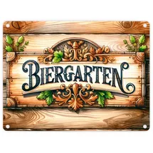 speecheese Biergarten Metallschild in 15x20 cm Old-School Biergarten Metallschild in 15x20 cm mit stilvollem Schriftzug rustikaler Charme auf hölzernem Hintergrund für gemütliche