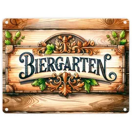 speecheese Biergarten Metallschild in 15x20 cm Old-School Biergarten Metallschild in 15x20 cm mit stilvollem Schriftzug rustikaler Charme auf hölzernem Hintergrund für gemütliche