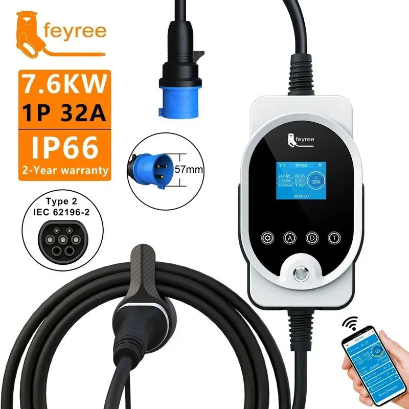 feyree EVSE-Wallbox Typ 2, 1-phasig, 7 kW, 32 A, Schnellladung, App-Steuerung per WLAN, Ladestrom und Ladezeit einstellbar, für Elektroauto