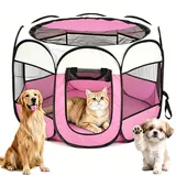 Welpenauslauf Hundebox Faltbar für Zuhause Welpenlaufstall, Katzengehege für Drinnen Outdoor Hundekäfig Hundezelt Freilaufgehege Kaninchen Laufstall Katze Hund Katzen Zelt Kleintiergehege (Beige+Rosa)