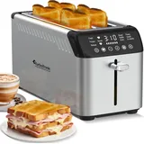 4 Scheiben Langschlitz Toaster Digital 2 XXL Brotschlitzen Brötchenaufsatz 1630W 7 Röststufen, Edelstahl Design, mit Aufwärm- / Auftau / Memory ...