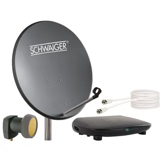 Schwaiger Satellitenschüssel Komplettset I Ø 60 cm Stahl Offset Antenne in anthrazit I Inkl. sonnengeschütztes Single LNB, HD SAT-Receiver mit Fernbedienung & Koaxialkabel I Digital HD Empfang