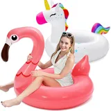 Schwimmring Einhorn Flamingo 2er Set aufblasbar Pool Kopfstuetze Strand See