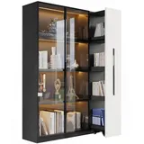 autolock Eckvitrine Multifunktionsschrank-Vitrine mit Glastür+LED,Seitenauszug,Rollschrank Hochschrank im modernen Stil,Bücherregal,Badezimmerschrä,110×35×160cm schwarz