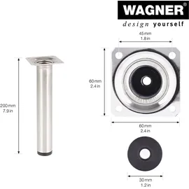 Wagner Möbelbein Classic Retro - Ø 30 x 200 mm, Anschraubplatte 60 x 60 mm, Gewinde Ø 10 mm, Edelstahl Optik - 12112001