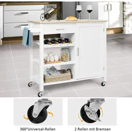 Costway Küchenwagen auf Rollen, mit Schublade, Weinregal, offene Regale - Weiß