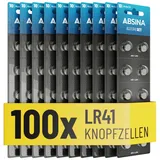 ABSINA AG3 LR41 Knopfzelle 100er Pack - 1,5V Alkaline Knopfzellen auslaufsicher & mit langer Haltbarkeit - LR736 / L736 / G3 / G3A / 3GA / 192 / GP192 / V3GA / RW87 - Knopfbatterien Batterien Batterie