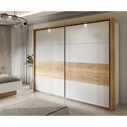 Schwebetürenschrank FORTE "MAYACUS", weiß (weiß, mauvella eiche), B:269,9cm H:210,5cm T:61,2cm, Spanplatte, Schränke, Schwebetürenschrank, Stauraum, Kleiderstangen, Metallgriffleiste