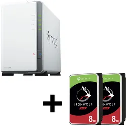 Synology DiskStation DS223J 2 Einschübe NAS-Server Leergehäue + 16TB (2x8TB) Seagate Ironwolf SATA 3.5 HDD Festplatten