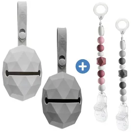 MiaMia 4-tlg. Schnuller-Zubehör-Set - 2x Silikon-Schnullerbox + 2x Schnullerkette mit Silikon-Perlen & Gummiring inkl. Clip - Grau Beere