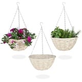 Relaxdays Blumenampel, 3er Set, Rattan Korbgeflecht, handgefertigt, Folie, Eisenkette, Hängetopf HxD: 15 x 30 cm, Natur